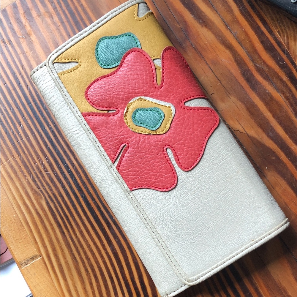 Floral Applique Leather Wallet - Red & White